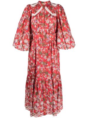 byTiMo floral-print broderie-anglaise midi dress - Red