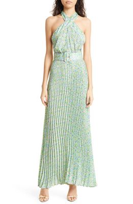 byTiMo Floral Print Pleated Halter Maxi Dress in Green Garden