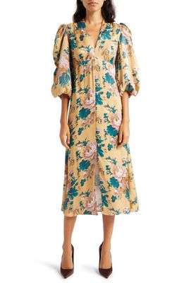 byTiMo Floral Puff Sleeve Crepe Satin Midi Dress in Marigold