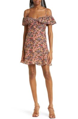 byTiMo Floral Ruffle Cold Shoulder Satin Minidress in Dahlia
