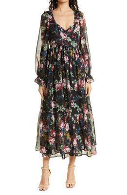 byTiMo Floral Wrap Bodice Long Sleeve Chiffon Dress in Rose Field