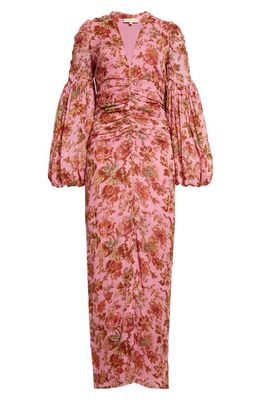 byTiMo Golden Floral Long Sleeve Georgette Maxi Dress in Pink Wallpaper