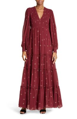 byTiMo Long Sleeve Smocked Georgette Maxi Dress in Burgundy Daisy