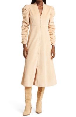 byTiMo Ruched Long Sleeve Stretch Cotton Corduroy Midi Dress in Sand