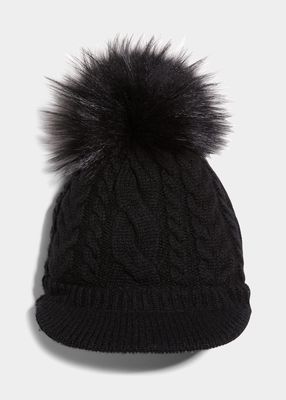 Cable Knit Cashmere Slouchy Hat w/ Fur Pompom