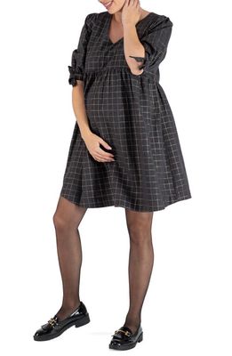 Cache Coeur Janis Windowpane Plaid Tie Sleeve Maternity/Nursing Dress in Grey