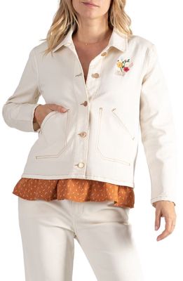 Cache Coeur Romy Floral Embroidered Maternity/Nursing Denim Jacket in Beige