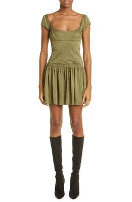 CAFE FORGOT x all is a gentle spring Pleated Drop Waist Minidress in Japanese Satin Acetate Olive