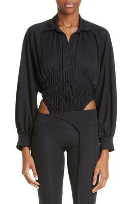 CAFE FORGOT x Emily Watson Shirred Long Sleeve Button-Up Bodysuit in Black
