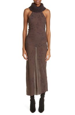 CAFE FORGOT x Louise Lyngh Bjerregaard Raw Edge Floral Chiffon Midi Dress with Knit Collar in Brown