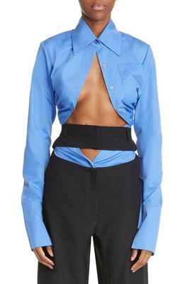 CAFE FORGOT x Urte Kat Cutout Long Sleeve Cotton Blend Button-Up Bodysuit in Baby Blue