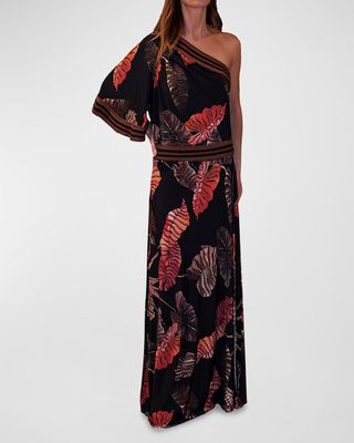Cairo Printed One-Shoulder Dress with Crochet Detail