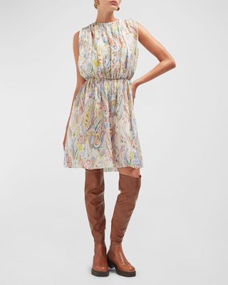 Cala Paisley-Print Gathered Sleeveless Mini Dress