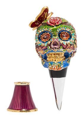 Calavera 2-Piece Skull 14K Yellow Goldplated Stainless Steel & Swarovski Crystal Winestopper & Stand Set