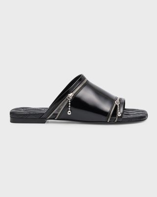 Calfskin Zip Flat Slide Sandals