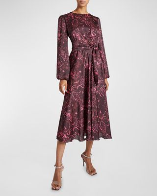 Callie Floral-Print Blouson-Sleeve Midi Dress
