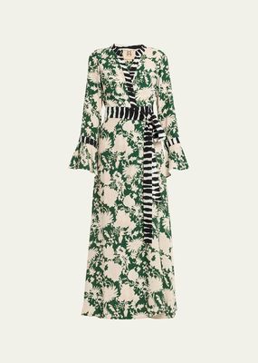 Calliope Mixed-Print Belted Maxi Wrap Dress