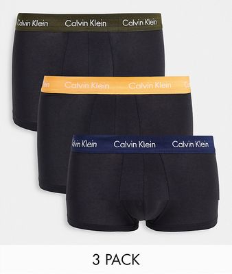 Calvin Klein 3 pack cotton stretch low rise trunks with contrast waistband in black