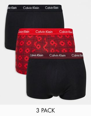 Calvin Klein 3-pack low rise trunks in red print and black colored waistbands-Multi