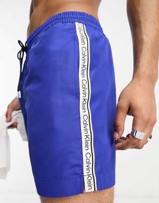 Calvin Klein core logo tape short drawstring swim shorts in mid azure blue