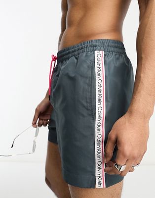 Calvin Klein core logo tape short drawstring swim shorts in oil gray