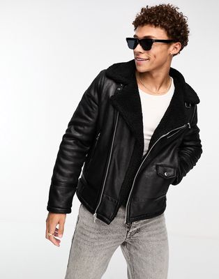 Calvin Klein faux leather shearling jacket in black