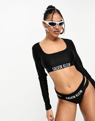Calvin Klein intense power ribbed long sleeve bikini top in black