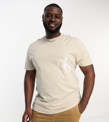 Calvin Klein Jeans Big & Tall off placed monogram logo t-shirt in beige-Neutral