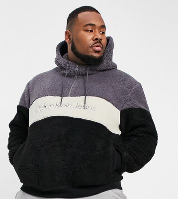 Calvin Klein Jeans Big & Tall sherpa color block hoodie in black/gray-Multi