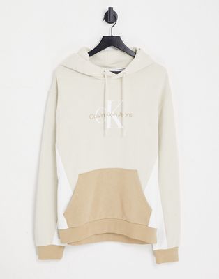 Calvin Klein Jeans blocking capsule cotton monogram hoodie in stone exclusive to ASOS-Neutral