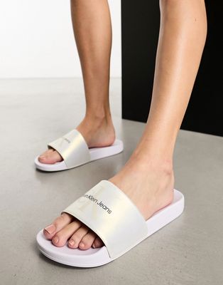 Calvin Klein Jeans pearlescent sliders in white