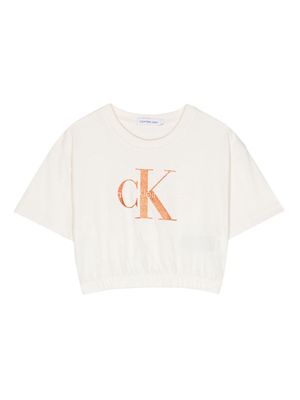 Calvin Klein Kids glitter monogram cropped T-shirt - Neutrals