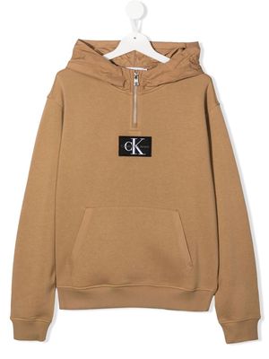 Calvin Klein Kids logo-patch zip-neck hoodie - Brown