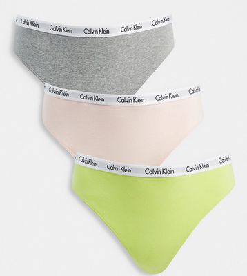 Calvin Klein Plus Size Carousel thong 3 pack in gray, coral and cyber green-Multi