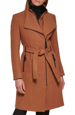 Calvin Klein Wool Blend Bib Coat in Dark Camel