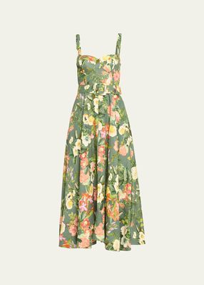 Calypso Sweetheart Bustier Floral Linen Midi Dress