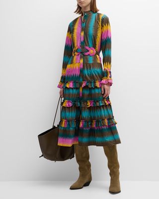 Camelia Zigzag-Print Tiered Ruffle Belted Midi Dress