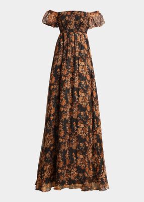 Cameron Off-the-Shoulder Floral Silk Gown