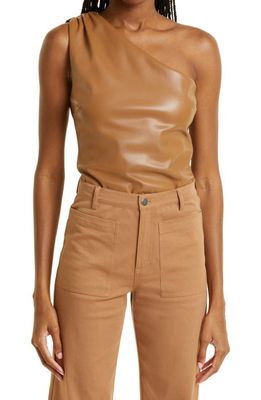 CAMI NYC One-Shoulder Faux Leather Bodysuit in Caramel