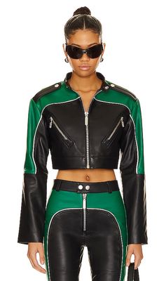 Camila Coelho Cropped Moto Biker Leather Jacket in Green,Black