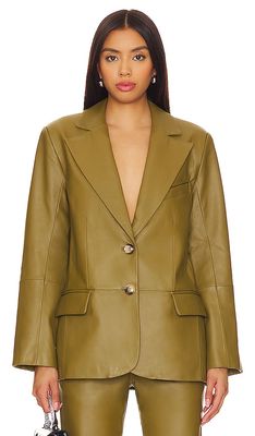 Camila Coelho Rhodes Oversized Leather Blazer in Olive