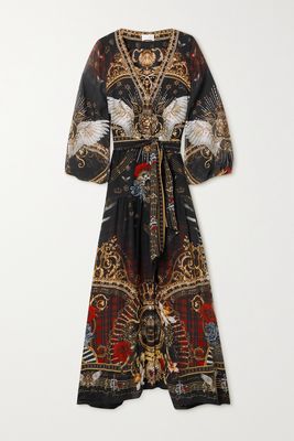 Camilla - Belted Embellished Printed Silk Crepe De Chine Maxi Dress - Black