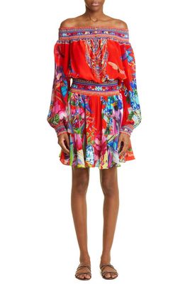 Camilla Birds of a Feather Print Off the Shoulder Long Sleeve Silk Cover-Up Dress