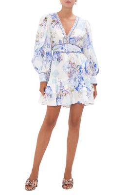 Camilla Crystal Detail Mixed Print Long Sleeve Linen Dress in Paint Me Positano