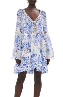Camilla Crystal Detail Mixed Print Long Sleeve Silk Babydoll Dress in Paint Me Positano