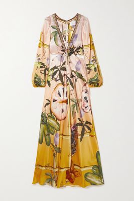 Camilla - Crystal-embellished Gathered Floral-print Silk-satin Maxi Dress - Pink
