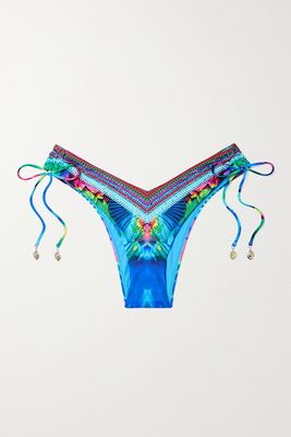 Camilla - Crystal-embellished Printed Recycled Bikini Briefs - Blue