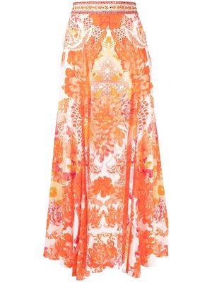 Camilla dragon-print flared skirt - Orange