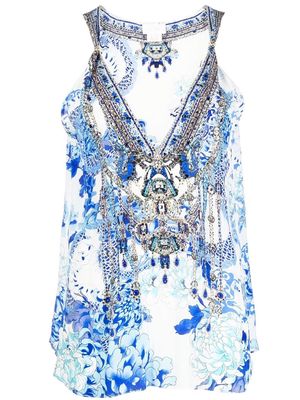 Camilla dragon-print V-neck blouse - Blue