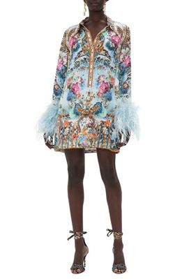 Camilla Floral Feather Trim Long Sleeve Silk Minidress in Letters To Leo